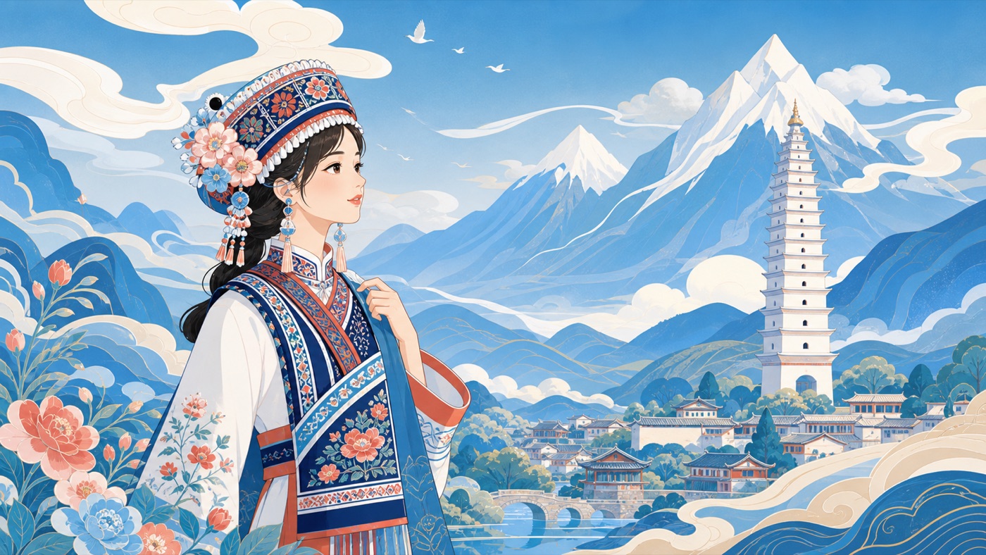 Yunnan folk illustration with pagoda, mountains and ethnic clothing